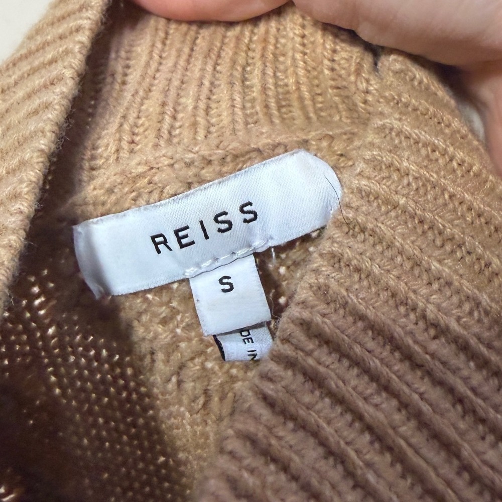 Reiss Womens Camel Tan Wool Blend Cable Knit Mock Neck Sweater Side Slits Small - Picture 4 of 6